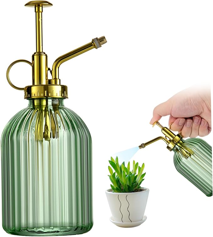 Plant Mister Water Spray Bottle for Plants Creative Hand Pressure Water Bottle Glass Flower Sprayer (Green+Golden Sprinkler) Home Accessories