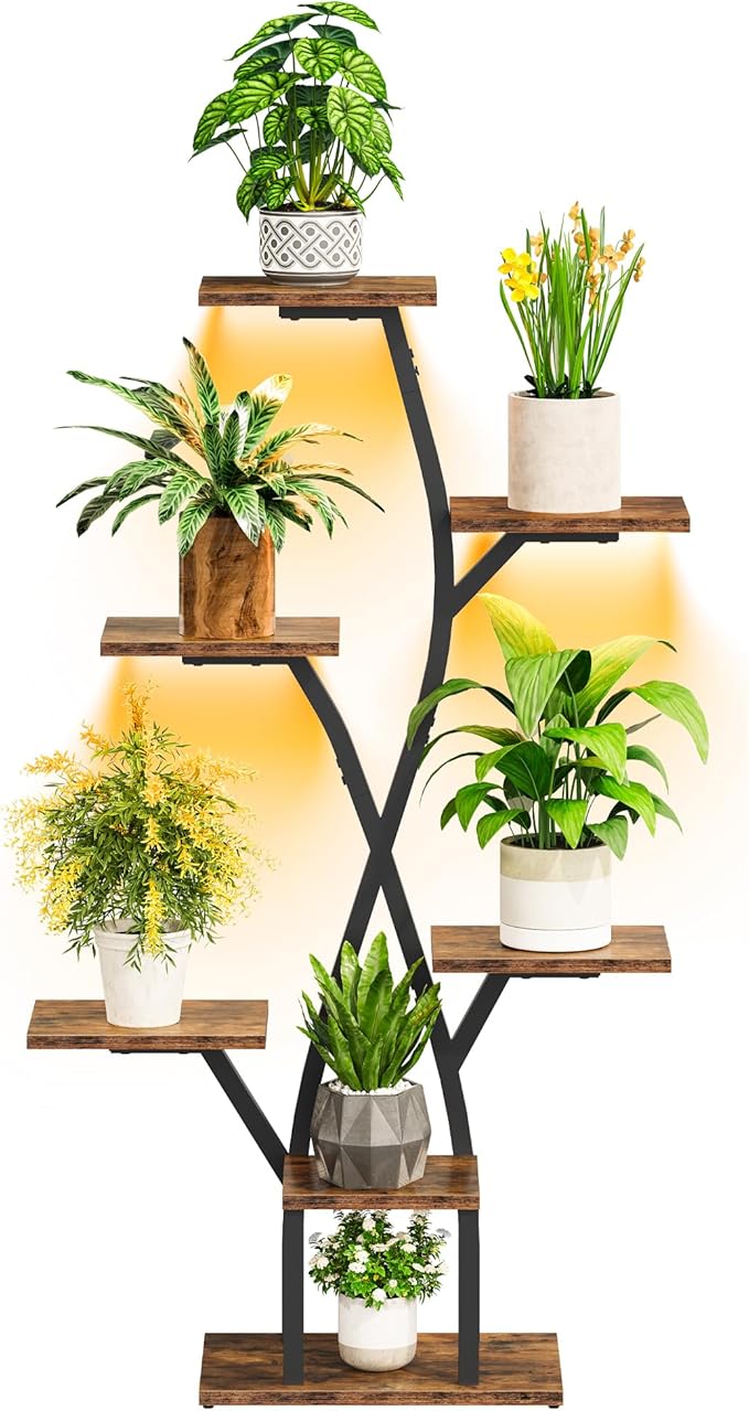 CHOEZON Plant Stand Indoor with Grow Light, 7-Tier Flower Plant Holder, 46.5” Tall Corner Plant Display Rack, Dimmable Grow Light with Timer, Rustic Brown and Black TCJ40DBF