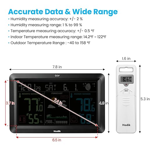 Weather Station Atomic Clock Indoor Outdoor Thermometer Wireless, Barometer Humidity Temperature Monitor Hygrometer with High Precision Sensor Black