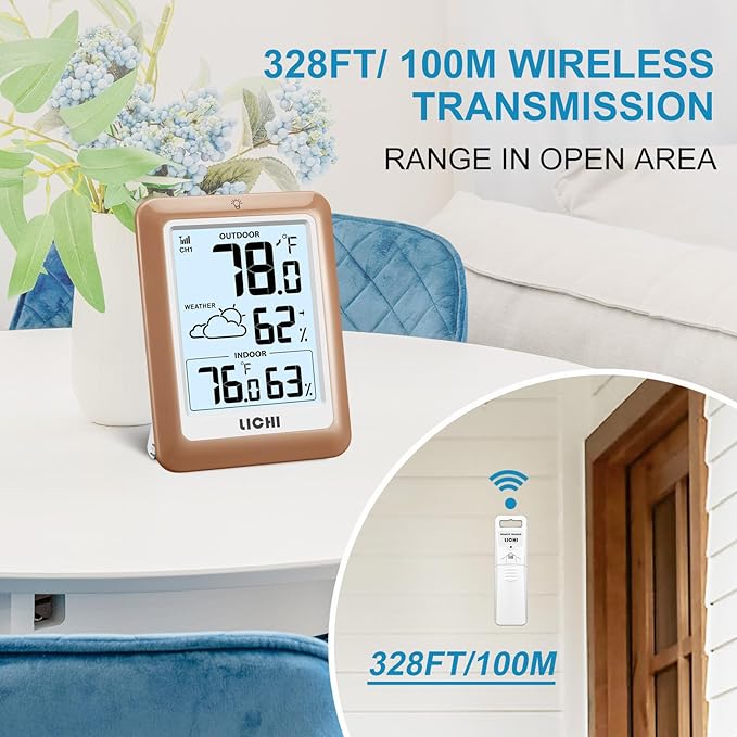 Indoor Outdoor Thermometer Wireless Weather Station, Internal External Thermometer Hygrometer, Home Batteryoperated Temperature Humiditymonitors330 Feet (About 100 Meters) Backlight Display (Khaki)
