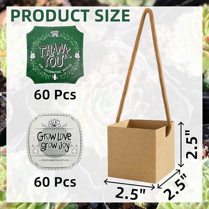 Covzoe 100 Pack 2.5 Inch Succulent Wraps, Fits 2.5" Pots, Succulent Bags Party Favors with Thank You and Grow Love Grow Joy Stickers, Succulent Gift Box for Wedding Birthday Guests
