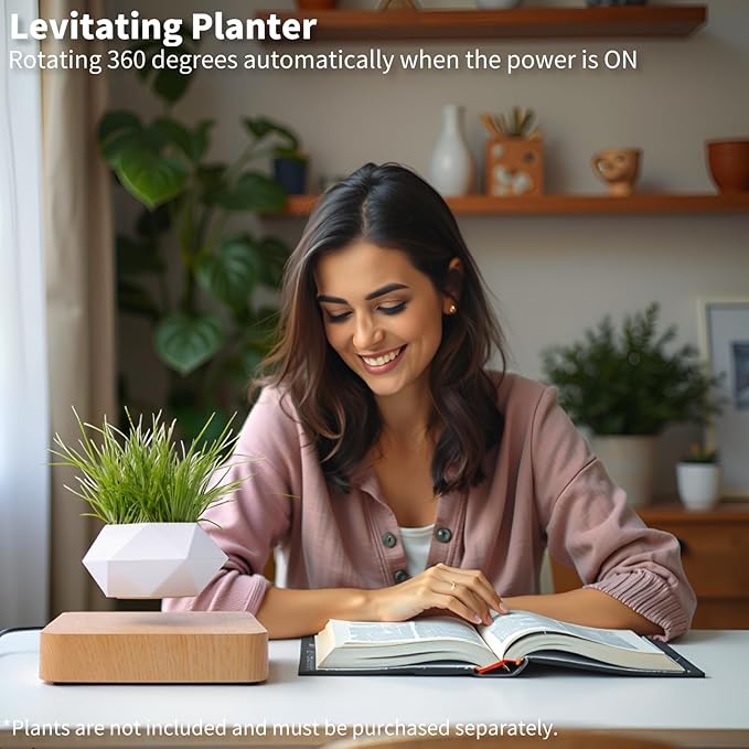 Levitating Plant Pot, Magnetic Levitating Planter 360°Auto-Rotating Floating Plant Levitating Display for Bonsai, Air Plants Cool Floating Desk Decor for Office, Living Room (Light Brown)