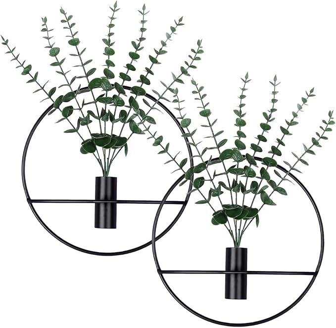GREENTIME 2 Pack Hanging Plants Faux Eucalyptus with Black Round Metal Hanging Vase for Teacher Appreciation Living Room Bedroom Boho Kitche Wall Shelf Outdoor
