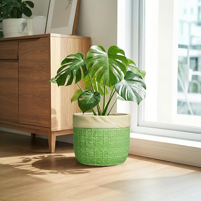 Ceramic Pots for Plants - 9.8 Inch Planter for Indoor Outdoor Plants, Ceramic Planter with Drainage Hole and Plug, Boho Decorative Flower Pot, Home Patio Decor, Plant Lover Gifts, Green
