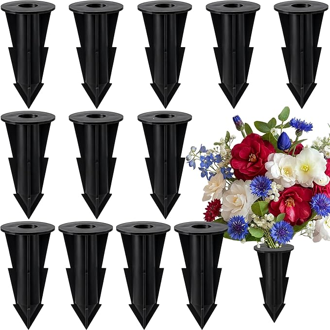12 Pcs Memorial Artificial Flower Holder, Patio Garden Floral Ground Spikes, Cemetery Flower Container Stakes for Outdoor Yard Grave Faux Flowers Indoor Window Box Planter Pot (Black)