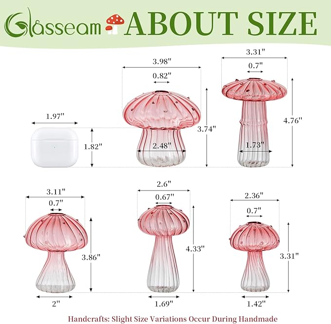 Glasseam Mushroom Plant Propagation Stations: Pink Glass Terrarium Jar Set of 10 Cute Planters for Indoor Plants Mini Propagate Station Unique Christmas Birthday Gifts for Women Home Office Decor