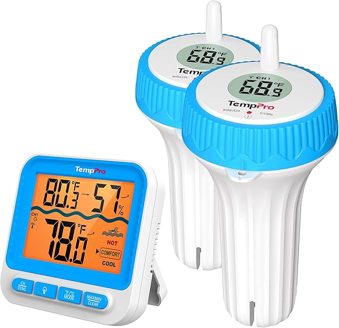 TempPro Waterproof Wireless Pool Thermometer Easy Read, Digital Pool Thermometer Floating for Swimming Pool, Hot Tub, Cold Plunge, Pond with 2 IPX8 Water Temperature Monitor (Previously ThermoPro)