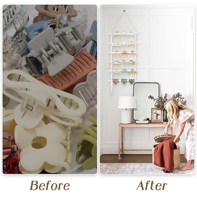SNOWSTAR Macrame Hair Claw Clip Organizer,White Hanging Hair Clip Holder and Storage for Women Girls,Claw Clip Hanger Home Decor for Wall,Door,Closet