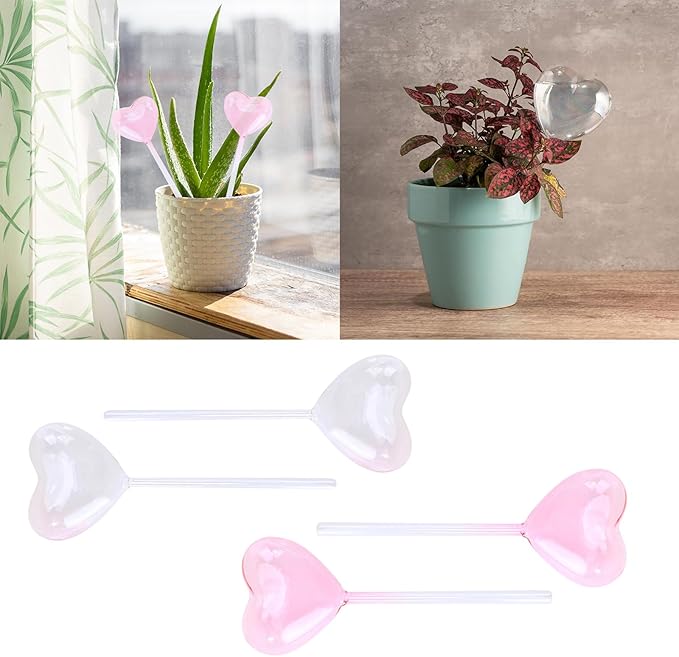 2Pcs Heart Plant Watering Globes Set Self Watering Globes for Indoor Plant Flowers Outdoor Plant Watering Bulb Dripper, 22x7cm, Pink