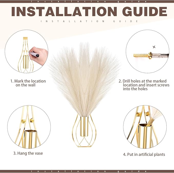 Otoolling 2 Pieces Hanging Plant Wall Decor with Artificial Pampas Grass Metal Hanging Vase Modern Geometric Farmhouse Bohemian Wall Art for Living Room Bedroom Kitchen Office(Gold, Beige)