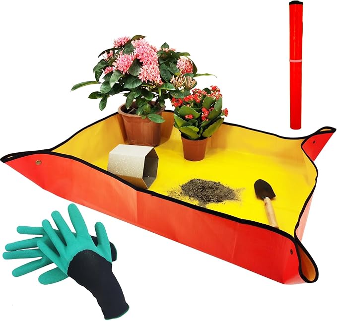 39"x30" Orange Thickened Repotting Mat for Plant Transplanting, Waterproof Tray for Potting Soil Mess Control, Portable Gardening Mat with Protective Gloves, Best Gift for Gardeners