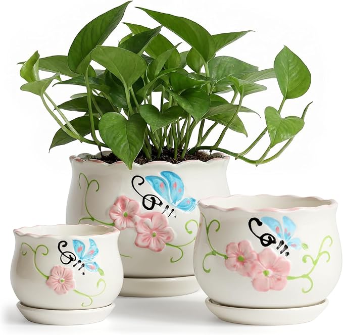 STHIE Ceramic Plant Pots with Drainage Holes and Saucers, Round Flower Pots for Indoor Plant, 4/5.2/6.6 Inches Flower Large Planters Set of 3