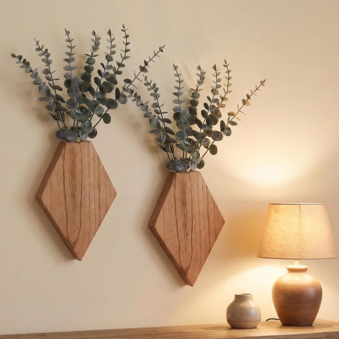 Chunful 2 Pcs Wooden Wall Planter Decor Hanging Fake Plants Greenery Flowers Holder Vase Boxes for Wall Bohemian Farmhouse Room Kitchen Office Indoor Decoration (Wooden Color,9.8 x 6.6 x 1.2 Inches)