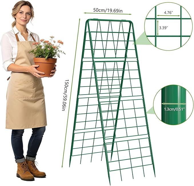 DoCred Cucumber Trellis, 59" H 2 Pack Metal Foldable Thickened A Frame Garden Trellis for Raised Bed Climbing Plants, Vegetables, Including Plant Support Clips, Twist Ties, Plastic Ties, Green