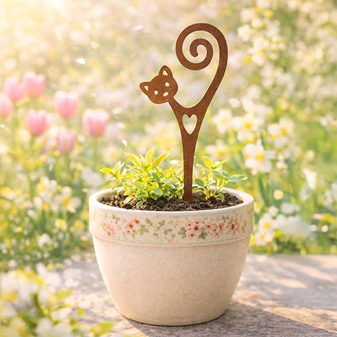 Cat Garden Stake A – Powder-Coated Metal Plant Pick & Cute Decor for Indoor & Outdoor Planters and Gardens