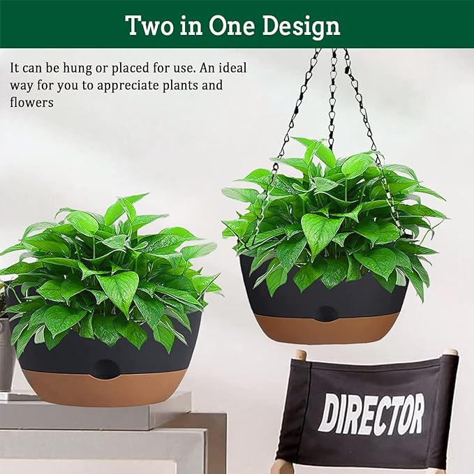 Koalaime Hanging Planter Self Watering 10 Inch, 2 Pack Indoor Outdoor Hanging Baskets, Hanging Flower Pots with Drainage Hole & 2 Kinds of Plant Hangers for Garden Home Decor(Grey)…