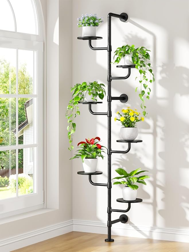 Plant Stand Indoor, 6-Tier Plant Shelf, Tall Wall Mounted Metal Pole & Rotating Wooden Board Plant Holder for French Window, Corner, Home Decor - C5 Black