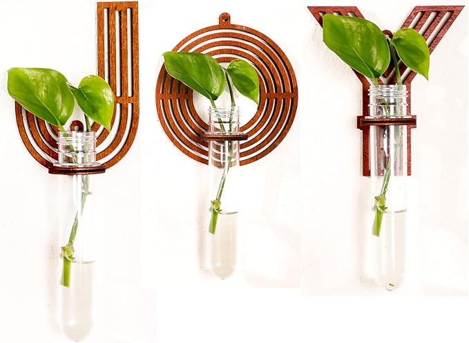 Joy Letters Wall Propagation Planters Test Tubes Wall Decor for Hanging Plants Clear Water Plant Vase Boho Functional Art Brown Wood Upletter Alphabet Set 3