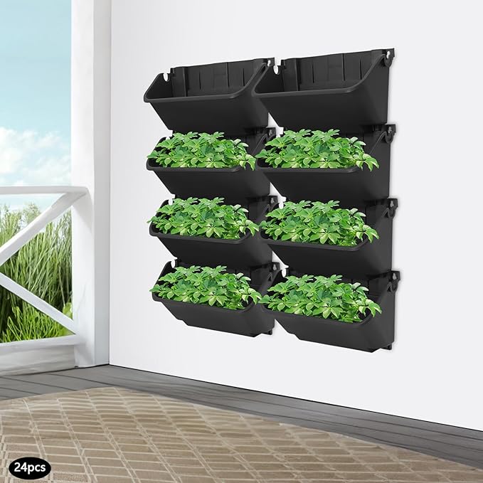 Bacocoo Vertical Garden Planter - 24 Pack, 13 inch Wall Mounted Planter for Patio Outdoor Decor, Home Green Plastic Pot Balcony Plant Vegetable Fruit Herb Hanging Pocket Holder Flowerpot. (Black)