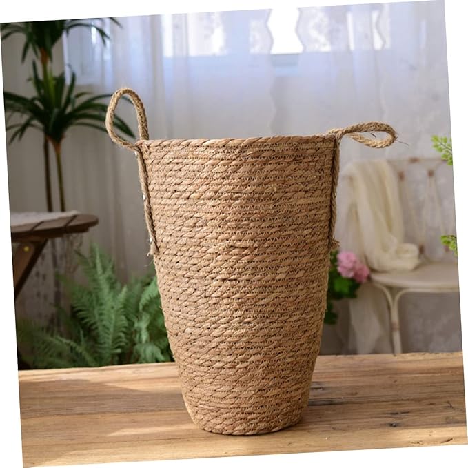Large Seagrass Woven Basket for Plant Display Tall Pot Handle Multi-Purpose Desktop Planter for Home Decor