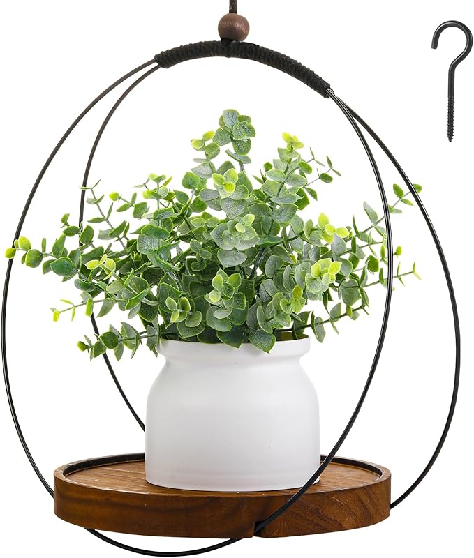 Threehoney 1 Pack Hanging Planters for Indoor Black Plant Hanger with Round Wood Base Large Indoor Hanging Plant Shelf Boho Holder Gift for Mom,housewarming (7.9 '')