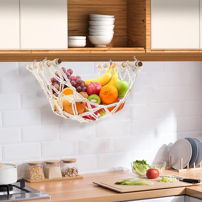 Hanging Fruit Hammock with Hooks, Hanging Fruit Basket Under the Kitchen Cabinet for Storing Banana Fruits, Hand-Woven Hanging Basket, Valentine's Gifts for Kitchen Décor, Rectangle