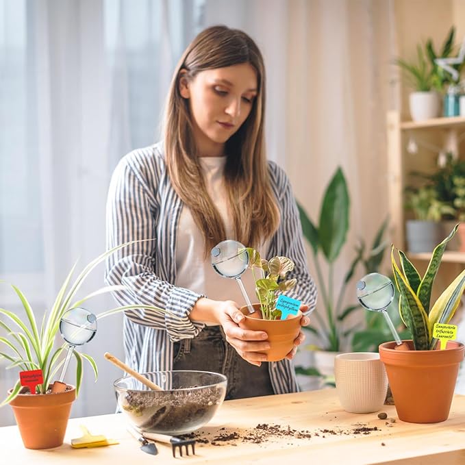3PC Plant Watering Globes, 6 oz Upgraded Iridescent Self Watering Globes with Terracotta Stakes & 5 Plant Labels, Auto Glass Watering Bulbs for Indoor Plants, Rainbow Vacation Plant Watering Devices