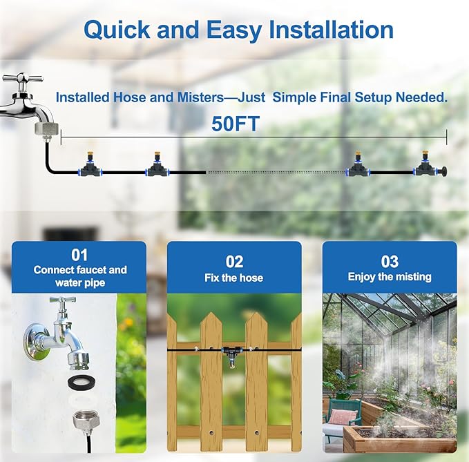 POCKET PANDA Pre-Assembled Misters for Outside Patio,Outdoor Water Misting Cooling System,50FT|15M.Backyard Mist Kit for Garden,Greenhouse,Deck,Umbrella