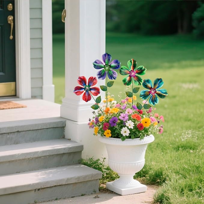 Metal Flowers Garden Stakes Outdoor Decor, 17 inch Shaking Flower Garden Yard Art, Weather Proof Flower Stakes for Yard Lawn Porch Pathway Patio Plant Pot Decorations, 4 Pack (Flower-a-Head)