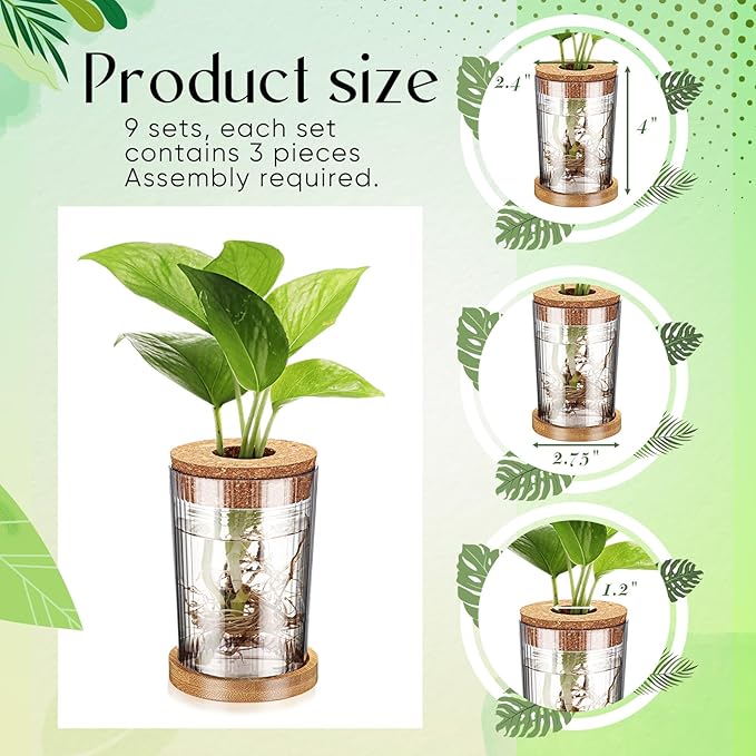 Baderke 9 Packs Propagation Vases for Plants Plastic Plant Propagation Station with Hole Lid and Bamboo Stand Growing in Water Hydroponic Home Office Table Decoration(Stripe Style)