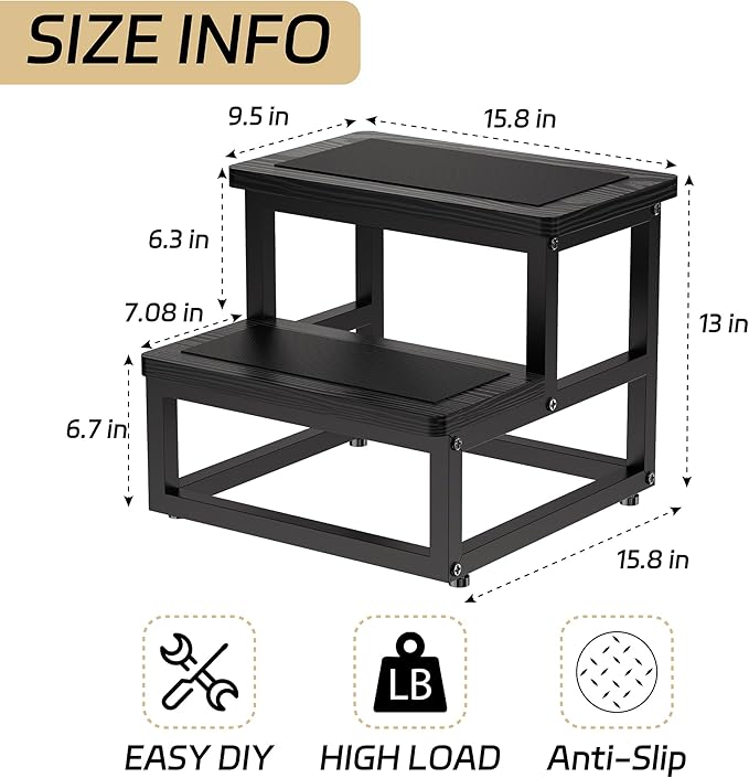 SZLHANJZ Step Stool, Bedside Steps for High Beds with Round Corners, 2 Steps Footstool for Adults, Metal and Wood Stepping Stool for Kitchen Bedroom, Load 500 LB, Black