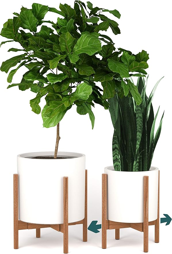 Fox & Fern Large Adjustable Plant Stand Indoor — 11 to 15 Inch Premium Mid Century Bamboo Plant Stand; Plug In Design; Easy Assembly; Two Heights - For 11, 12, 13, 14 & 15 Inch Pots (Not Included)