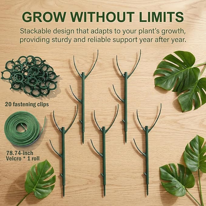 5 Pack Stackable Monstera Plant Support Stakes for Indoor & Outdoor Plants, Adjustable Plant Support Pole with Clamps, Garden Accessories for Monstera and Climbing Plants Replacement for Plant Stakes