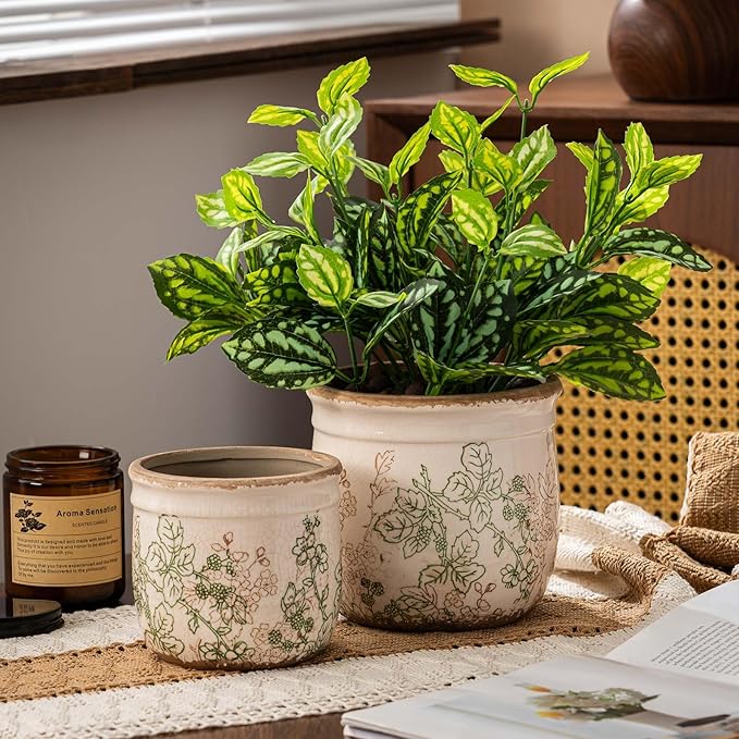 SURE YUESI Set of 2 Ceramic Planters 4.7” & 5.7”, Vintage Indoor Plant Pots Without Drainage Hole, Pastoral Rustic Decorative Planters for Flowers & Home Decor