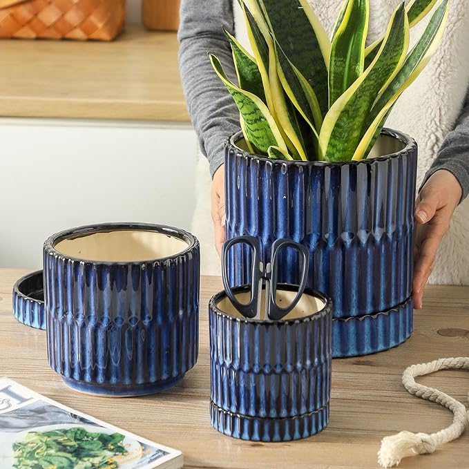 HASENSE Ceramic Pot for Plants, 3-Pack (8/6/4.6 inch) Medium Flower Planter with Drainage Holes & Tray, Rective Glaze Plant Pots Indoor with Ribbed Design, Kithen Home Office Decor, Blue