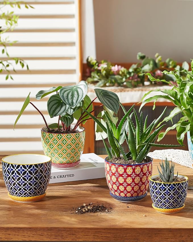 Metahom Ceramic Plant Pots, 4.9 Inch Flower Pots with Drainage Hole & Saucer, Colorful Planter Pots for Houseplants, Succulent, Catus, Home Decor, Set of 4, Vibrant Colors