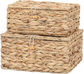Handwoven Wicker Baskets Decorative Storage Boxes with Lids Set of 2, Natural Water Hyacinth, Nesting Organizer Boxes for Closet, Shelf, Home Decor