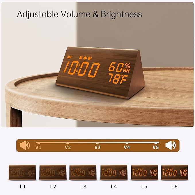 JALL Digital Alarm Clock, with Wooden Electronic LED Time Display, 3 Alarm Settings, Humidity & Temperature Detect, Wood Made Electric Clocks for Bedroom, Bedside (Brown)