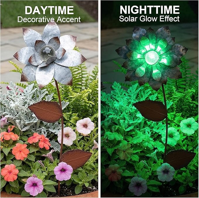 Metal Floral Garden Stake Outdoor Glow in Dark Silver Plant Pick Water Proof Metal Flower Stick Décor for Lawn Yard Patio,3 PCS