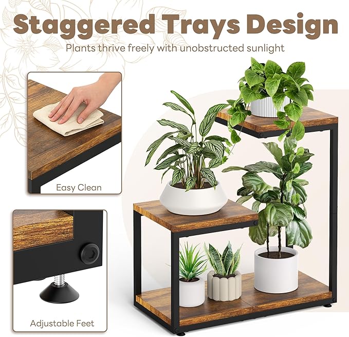 3 Tier Plant Stand Indoor, Thickened Metal Wood Corner Plant Shelf Stands for Multiple Plants, Indoor Tall Plants Stand Tiered Flower Holder for Living Room Patio Garden Balcony(Black+Brown)