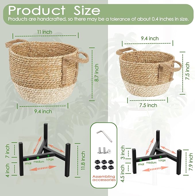 Set of 4 Wicker Rattan Plant Basket Display Stand Indoor Outdoor, Boho Tall Flower Woven Planter Pot Holders with Adjustable Metal Shelf (Brown & White)