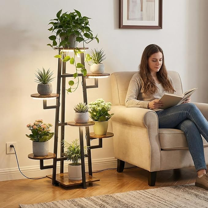 7 Tier Plant Stand Indoor with Grow Light , Tiered Plant Stands for Indoor Plants Multiple, Corner Flower Stand for Living Room, Multi-Layer Vintage Design Plant Shelf
