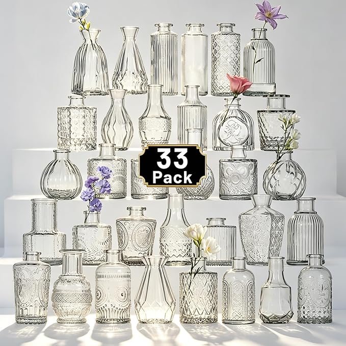 Glass Bud Vase Set of 33 Pcs Small Minimalist Vases for Flowers, Vintage Rustic Home Decor for Table Centerpiece Wedding Party, Modern Clear Aromatherapy Bottle for Living Room Bedroom