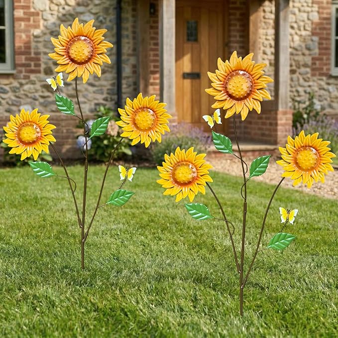 Metal Flowers for Outside, 30-Inch Iron Sunflower Garden Stakes Set of 2, Metal Yard Art Outdoor and Garden, Decorative Garden Stakes for Patio & Lawn Decor (Yellow)