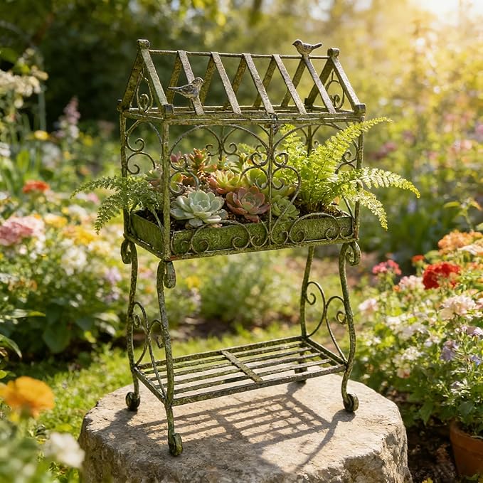 Vintage 2-Tier Metal Plant Stand House Shape Planter, 24"H Distressed Green Plant Holder Decorative Planter Shelf for Ferns, Succulents, Air Plants, Small Potted Plants, Farmhouse Indoor Home Decor