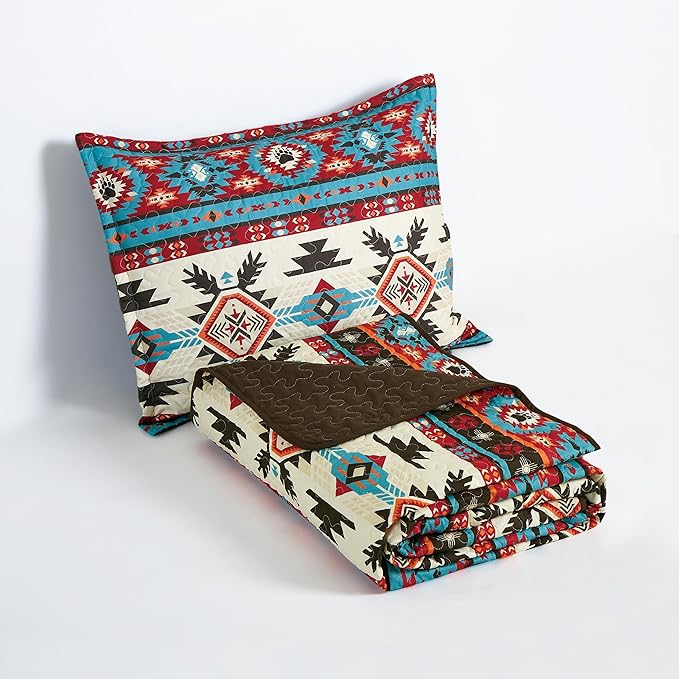 Chezmoi Collection Sanse 3-Piece Southwestern Geometric Motif Quilt Set - Multicolor Red Brown Blue Cream Printed Microfiber Lightweight Quilted Bedspread Set, Queen (100" x 95")