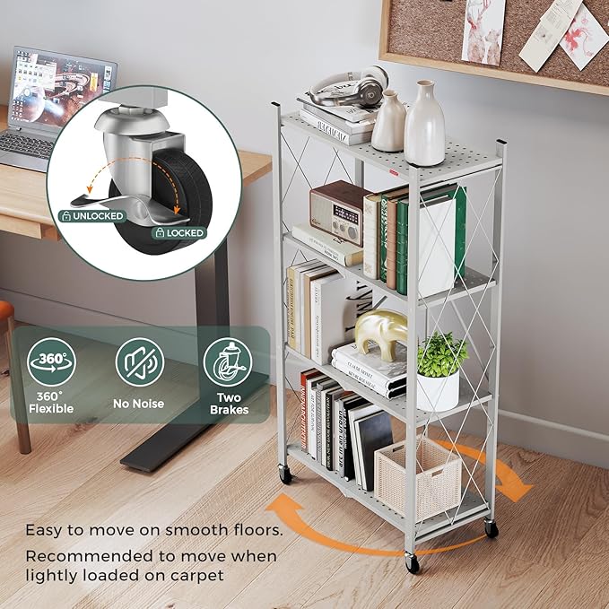 DEANIC 4 Tier Foldable Storage Shelves with Wheels, Large Capacity Shelving Unit, Freestanding Metal Wire Shelf Rack, No Assembly Organizer Rack for Garage Kitchen, Basement, Pantry(Grey Pack of 2)