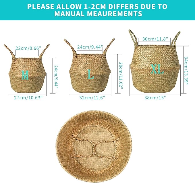 BrilliantJo Seagrass Belly Basket, Set of 2 Woven Plant Pot Holder handmade Home Decor for Storage Plants Picnic Grocery Medium(10.63 x 9.44 inch)