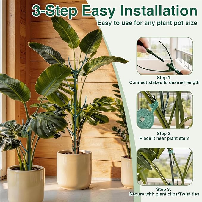 12 Pack Stackable Monstera Plant Support Stakes, 90inch Climbing Plant Sticks Structures with Garden Ties, Durable Alternative to Moss Pole for Indoor Outdoor Plants