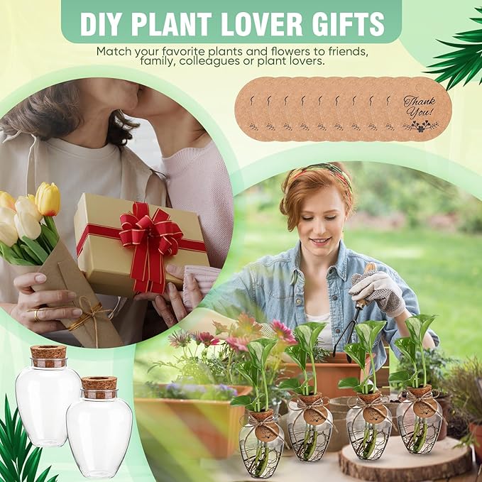 Baderke 48 Pack Big 10oz Plastic Plant Propagation Stations with Hole Lid Planter Vase Clear Propagation Jars with Thank You Tags for Plant Lover Gifts for Women Office Home Garden